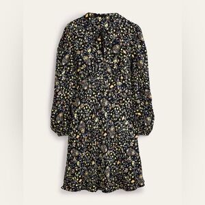 Boden Black Floral Tie-Neck Shirt Dress with Yellow Accents